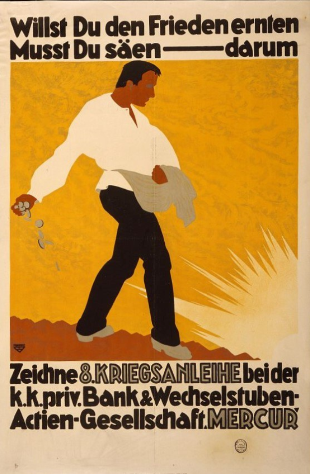 Deutsches Propagandaplakat für die Deutsche Bank mit einem Mann in einem weißen Hemd und schwarzen Hosen sowie Text über die Dienstleistungen der Bank.