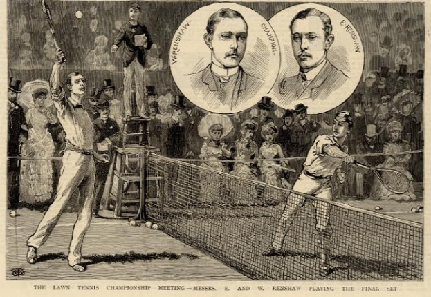 Schwarze und weiße Zeichnung von zwei Männern beim Tennisspielen im Endspiel, mit Zuschauern im Hintergrund und Text unten, der lautet: "The Lawn Tennis Championship Meeting - Messers, E and W Renshaw Playing the Final Set".