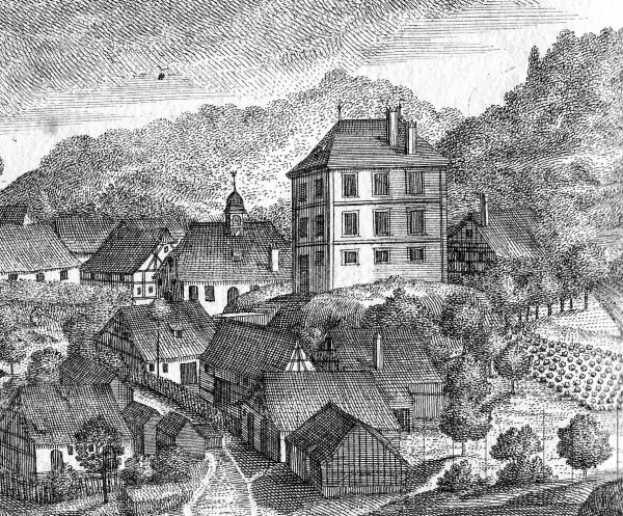 Ein Schwarz-Weiß-Zeichnung einer kleinen Stadt in Bayern im 19. Jahrhundert, das eine zentrale Kirche, umgebende Häuser, Bäume und einen Himmel im Hintergrund zeigt, mit Text unten, der "Bayern im 19. Jahrhundert" liest.