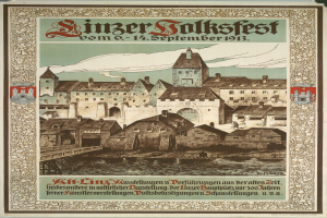 Ein altes Plakat, das ein Festival in Deutschland bewirbt und ein Schloss zeigt, das von Häusern umgeben ist, mit Texten, die Informationen zum Festival liefern.