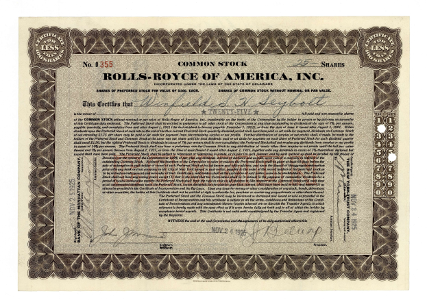 Alte Aktienurkunde von Rolls Royce of America, Inc. mit gedrucktem Text und numerischen Details.
