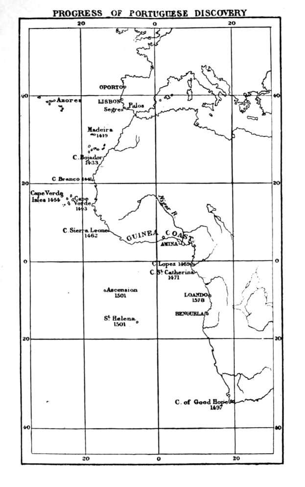 Schwarze und weiße Karte der portugiesischen Entdeckungsfortschritte, die geographische Merkmale wie Flüsse, Berge und Städte mit beschrifteten Ländern und Entdeckungsdetails zeigt.