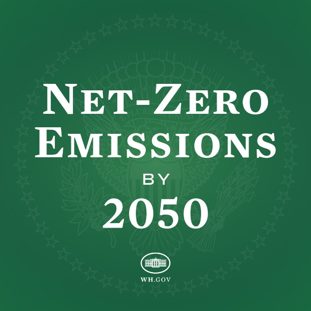 Fetter weißer Text "net-zero Emissionen bis 2050" auf einem festen grünen Hintergrund.