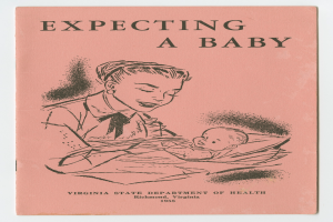 Ein Buchumschlag mit einer Zeichnung einer Frau, die ein Baby hält, und dem Titel 'Ein Baby erwartet'.