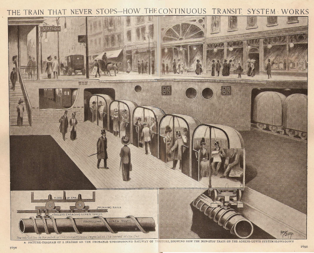 Ein Artikel mit Bildern von Menschen, Zügen und anderen Gegenständen neben dem Text "Der Zug, der nie aufhört - wie das kontinuierliche Transitsystem funktioniert."