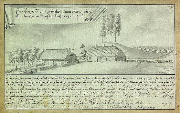 Ein altes historisches Dokument, das einen Bauernhof in Surgensburg, Deutschland, mit umliegenden Häusern, Bäumen und Himmel zeigt, beschriftet mit "Surgensburg, Deutschland - Landschaft eines Bauernhofes."