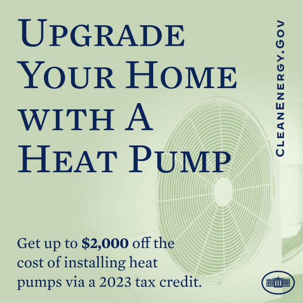 Plakat zur Heimwärmpumpen-Upgrade, zeigt ein Bild einer Wärmpumpe und den Text "Upgrade Your Home with a Heat Pump."