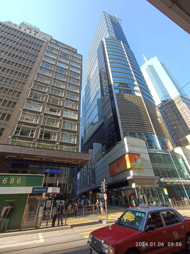 Roter Wagen auf einer von Hochhäusern gesäumten Stadtstraße mit Fußgängern auf dem Gehweg, Verkehrsampeln und sichtbarer Beschilderung vor einem Himmel als Hintergrund.
