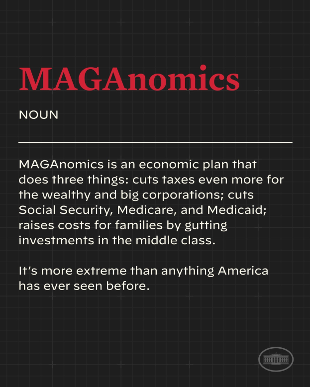 Plakat mit fettem schwarzem Text auf einem weißen Hintergrund, eingerahmt von einem schmalen schwarzen Rand, der besagt "Maganomics: Ein Wirtschaftsplan, der drei Dinge tut - Steuern für Wohlhabende und große Unternehmen weiter senkt."