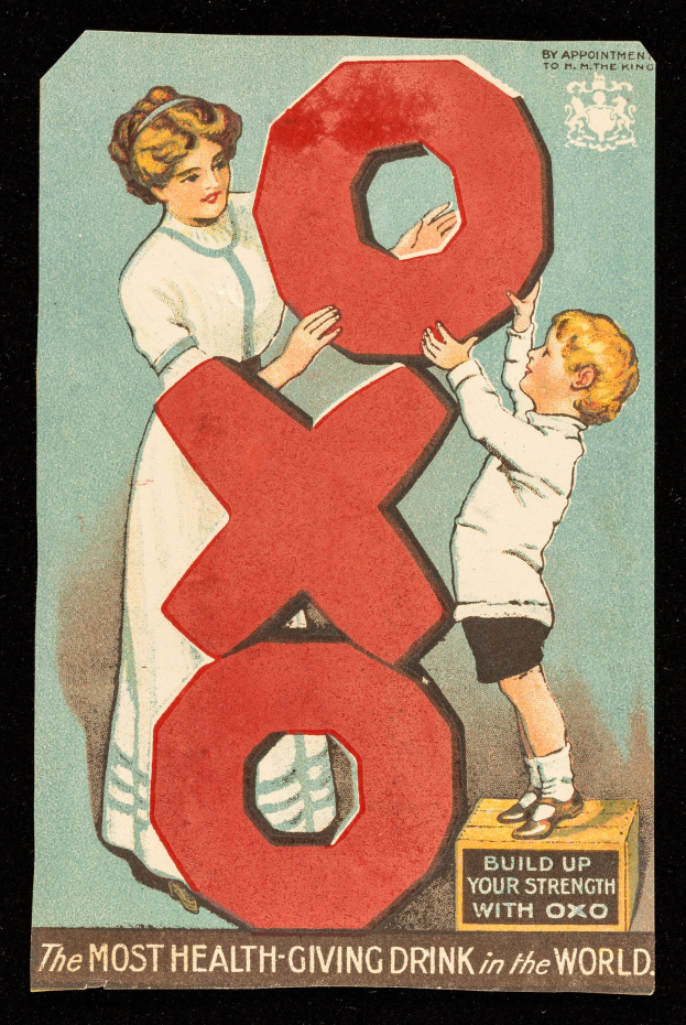 Ein Plakat mit einer lächelnden Frau und einem entspannten Jungen nebeneinander, jeder hält eine große Zahl, mit dem Text "Das gesündeste Getränk der Welt" und hellen, fröhlichen Farben.