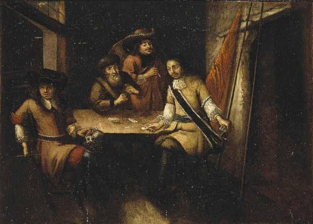 Gemälde namens "Das Kartenspiel" von Rembrandt van Rijn, das eine Gruppe von Menschen beim Kartenspielen in einer Wirtschaft zeigt, mit einem Tisch, Karten und Gegenständen in der Mitte, einem Vorhang rechts und einem Fenster.