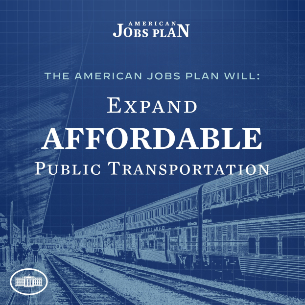 Plakat mit einem Zug auf einer Bahnstrecke mit ein paar Menschen in der Nähe und Text 'The American Jobs Plan Will Expand Affordable Public Transportation'.