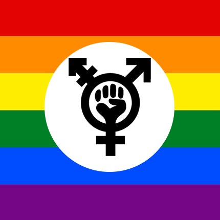 Regenbogenfahne mit Männer- und Frauentymbol in der Mitte, symbolisiert LGBTQ+-Vielfalt.