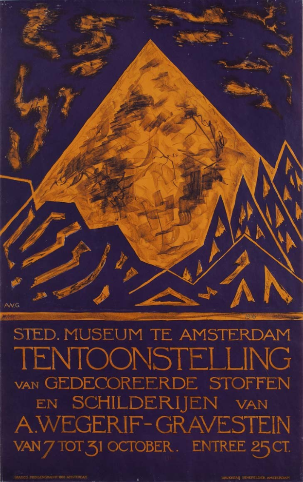 Plakat für ein Museum in Amsterdam, Niederlande, mit einem Bild einer Ausstellung und Textinformationen zum Museum.