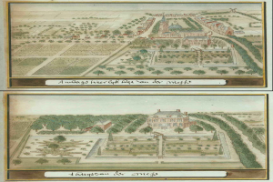 Zwei Stadtpläne mit zahlreichen Gebäuden, saftig grünen Bäumen und blühenden Pflanzen, mit Text am unteren Rand.