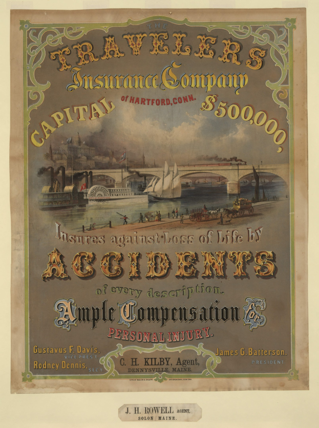 Werbeplakat für die Traveler's Insurance Company of Hartford, Connecticut, mit Abbildungen von Booten, einer Brücke und Gebäuden neben Texten, die Reiseversicherungsdienstleistungen bewerben.
