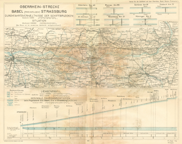 Ein altes Kartenbild des Basel-Strasburg-Gebiets in Deutschland, das Text und Linien zeigt, die das Ausmaß der Bahnstrecke anzeigen.