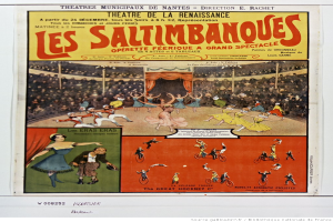 Ein buntes Plakat für das Musical 'Les Saltimbanques' im Theatre de la Renaissance, das eine Zirkusszene, den Titel in fetter Schrift, eine Vorstellungbeschreibung und eine Liste der Darsteller zeigt.