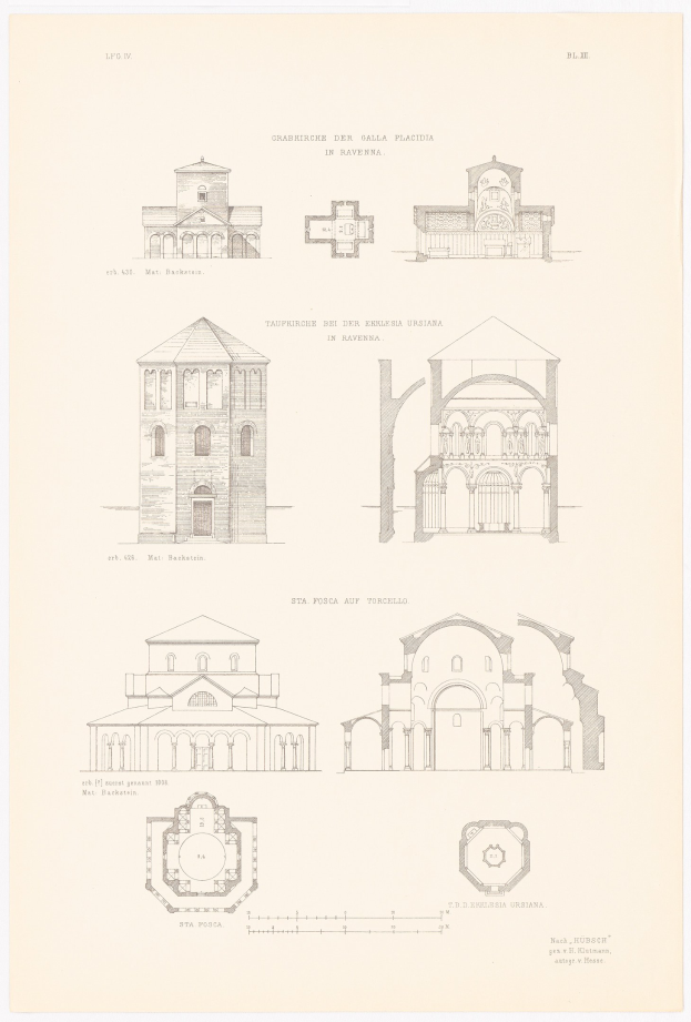 Eine Buchseite mit detaillierten Architekturzeichnungen verschiedener Gebäude mit sichtbaren Fenstern, Türen und historischem Kontext.
