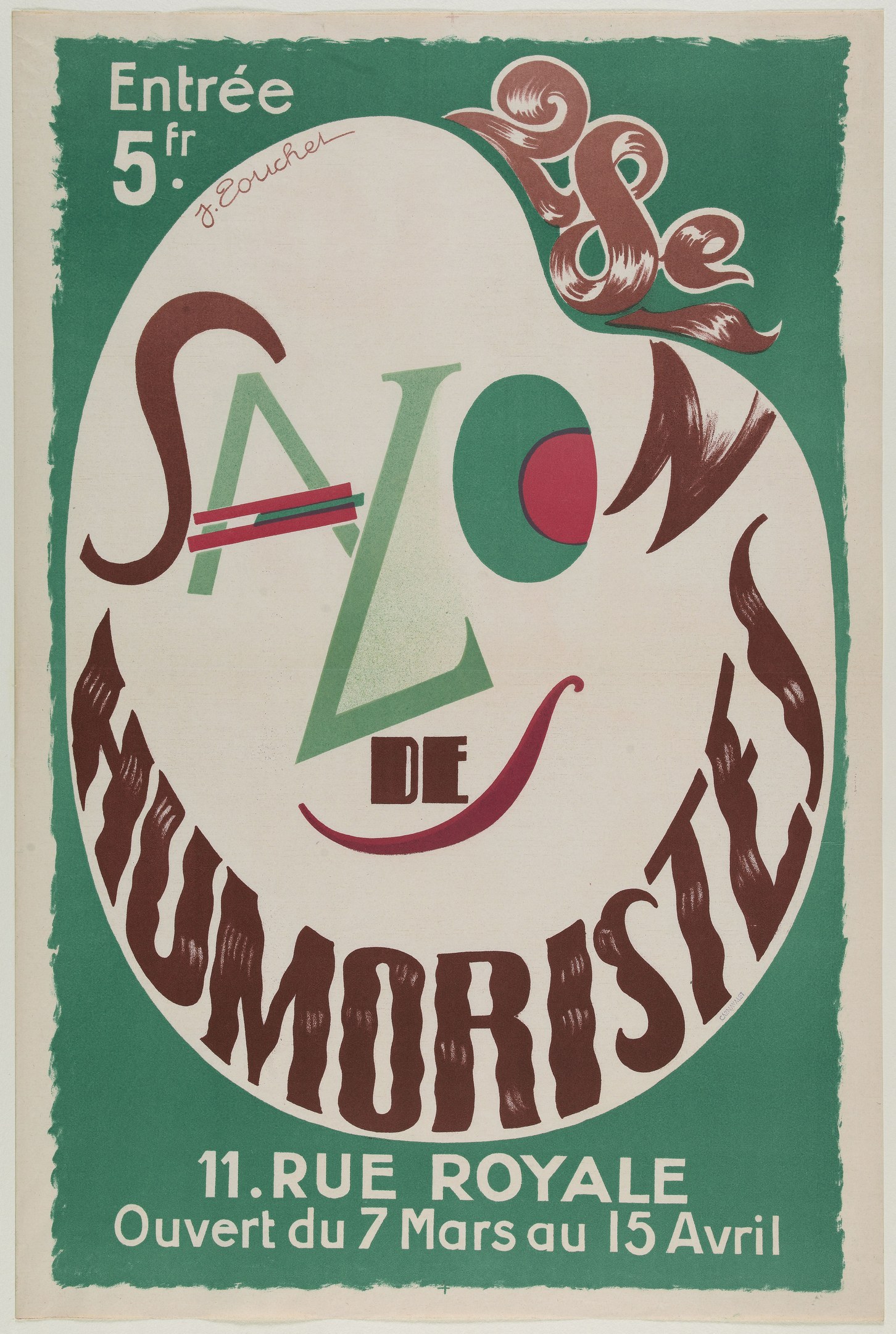 Plakat, das eine Humoristenvorstellung in Paris, Frankreich, ankündigt.