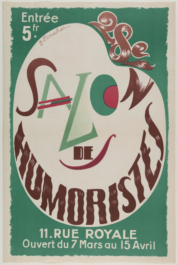 Plakat, das eine Humoristenvorstellung in Paris, Frankreich, ankündigt.