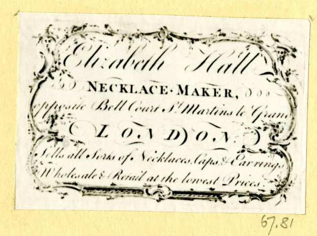 Alte Visitenkarte mit Abbildung eines Schmuckherstellers und Beschreibung seiner Dienstleistungen.