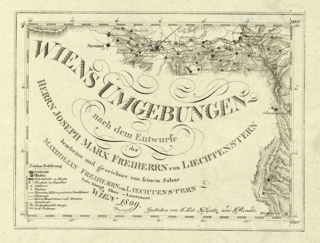 Ein detaillierter alter Stadtplan von Wien, Deutschland, der geografische Merkmale, Städte, Ortschaften und textuelle Anmerkungen zur Bevölkerung, Straßen und Sehenswürdigkeiten zeigt.