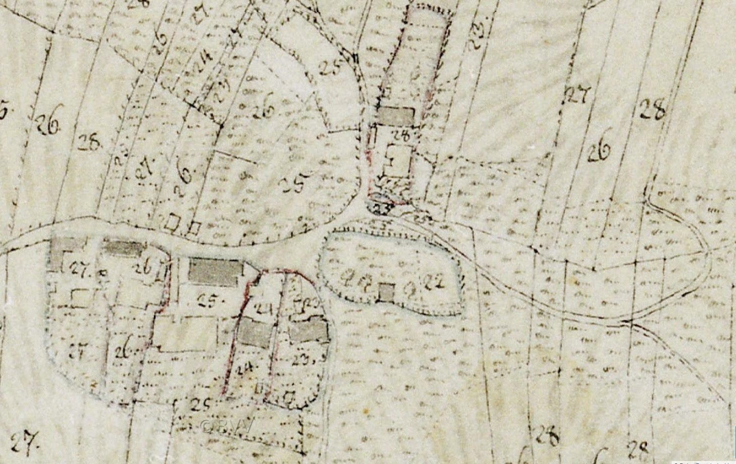 Detailreicher alter Stadtplan mit nummerierten Gebäuden, Straßen und Text, der eine vorgeschlagene Entwicklungsstelle am unteren Rand anzeigt.