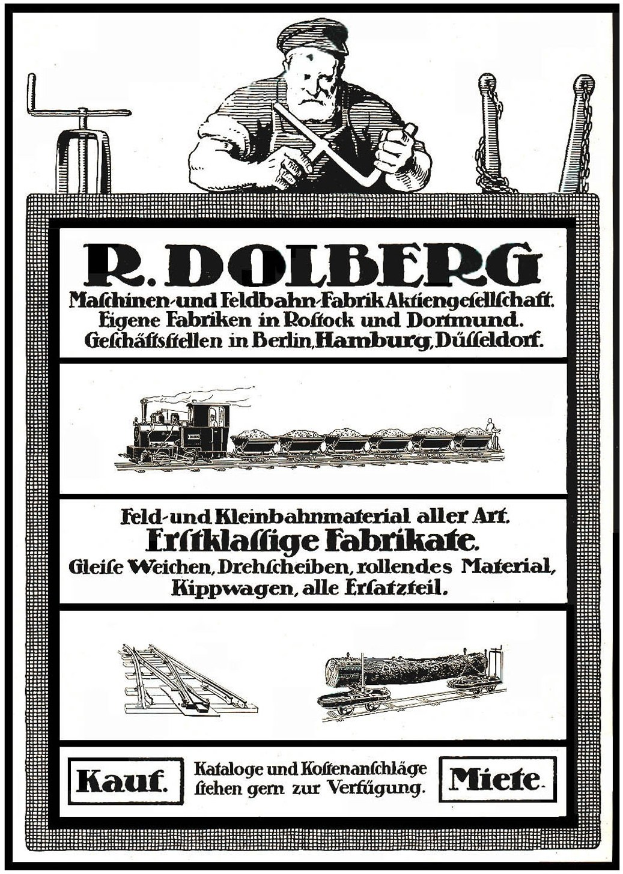 Werbeposter für die Fabrik von R.D. Dolberg in Hamburg, Deutschland, das Text und Bilder einschließlich einer Person, eines Zugs und anderer Gegenstände zeigt.