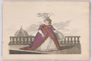 Frau in einem purpurfarbenen und weißen Kleid mit Federkopfschmuck, die an einem Geländer steht, mit einem Gebäude und Wolken im Hintergrund, beschriftet mit "Fashion of New York, New York Street, 1790".