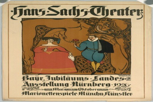 Ein Plakat für das Hans-Sachs-Theater in München, Deutschland, das einen formell gekleideten Mann und eine Frau zeigt, die nebeneinander stehen und vor einem tiefblauen Hintergrund mit Sternen posieren.