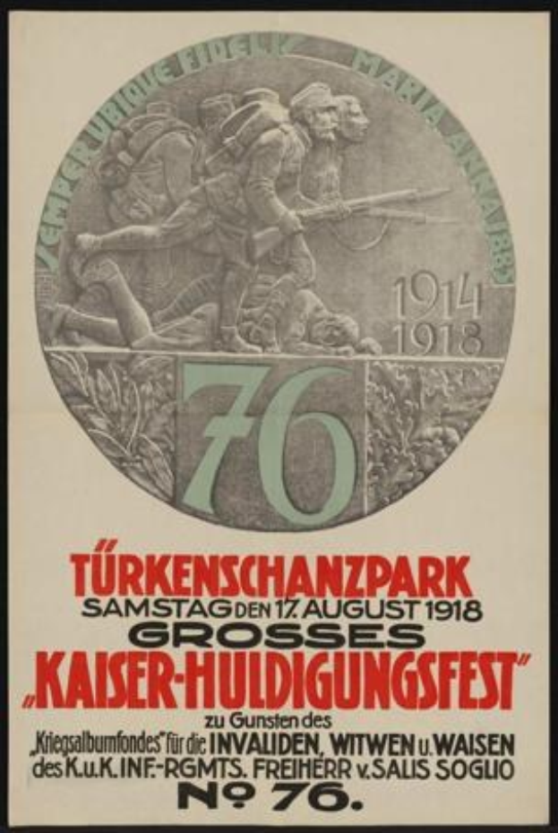 Plakat zum 70-jährigen Jubiläum des Kaiser-Huldigungsfestes in Berlin, Deutschland, mit einer Gruppe von Menschen in der Mitte, umgeben von Text und Zahlen, in einem Foto Rahmen.