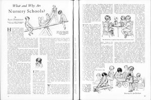 Offenes Buch mit Text und Illustrationen, einschließlich einer Zeichnung von Kindern, die in einer Kita spielen, und einem Tisch mit verschiedenen Gegenständen.