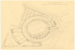 Ein detailliertes Stadium-Grundriss-Diagramm mit mehreren Gebäuden und Textanmerkungen, das mutmaßlich für die neue Sporthalle in London erstellt wurde.