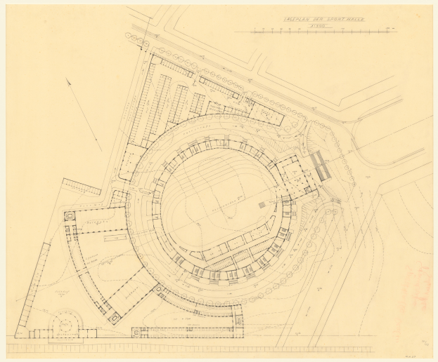 Ein detailliertes Stadium-Grundriss-Diagramm mit mehreren Gebäuden und Textanmerkungen, das mutmaßlich für die neue Sporthalle in London erstellt wurde.