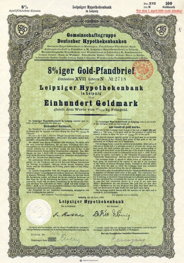 Altes grünes Hypothekenbankaktienzertifikat aus Leipzig mit gedrucktem Text und einem Stempel.