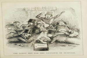 Eine historische Illustration, die eine Gruppe von beunruhigten Menschen bei einer Besprechung zeigt, mit dem Text "Die Lords trafen sich zur Erledigung von Geschäften", was eine Szene von Dringlichkeit und Verzweiflung vermuten lässt.