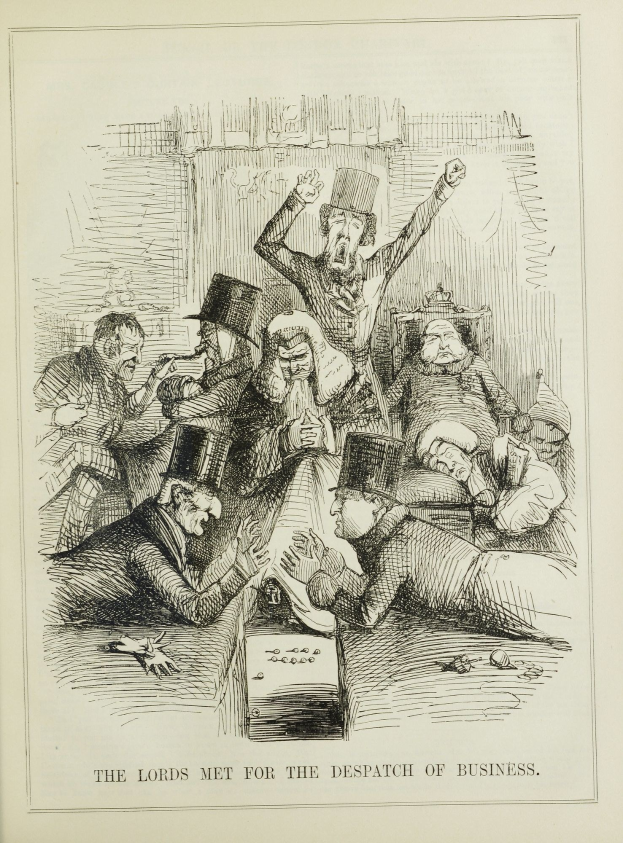 Eine historische Illustration, die eine Gruppe von beunruhigten Menschen bei einer Besprechung zeigt, mit dem Text "Die Lords trafen sich zur Erledigung von Geschäften", was eine Szene von Dringlichkeit und Verzweiflung vermuten lässt.