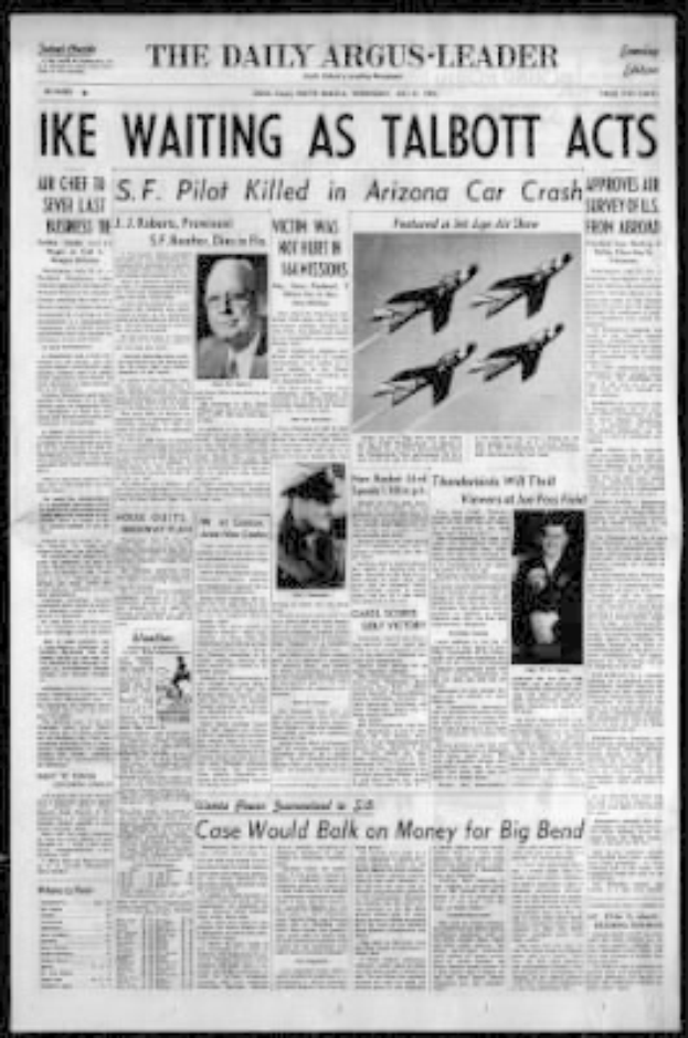 Die Titelseite der Daily Argus-Leader Zeitung aus Arizona mit schwarzem Hintergrund, der Überschrift 'Ike Waiting as Talbott Acts' und mehreren Bildern von Menschen und Flugzeugen.
