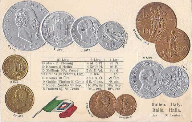 Ein Blatt Papier mit einer Reihe italienischer Münzen von 1877-1910, darunter mehrere 20-Lire-Münzen, mit Porträts und Text auf jeder, und zwei Flaggen unten, darunter die italienische Flagge.