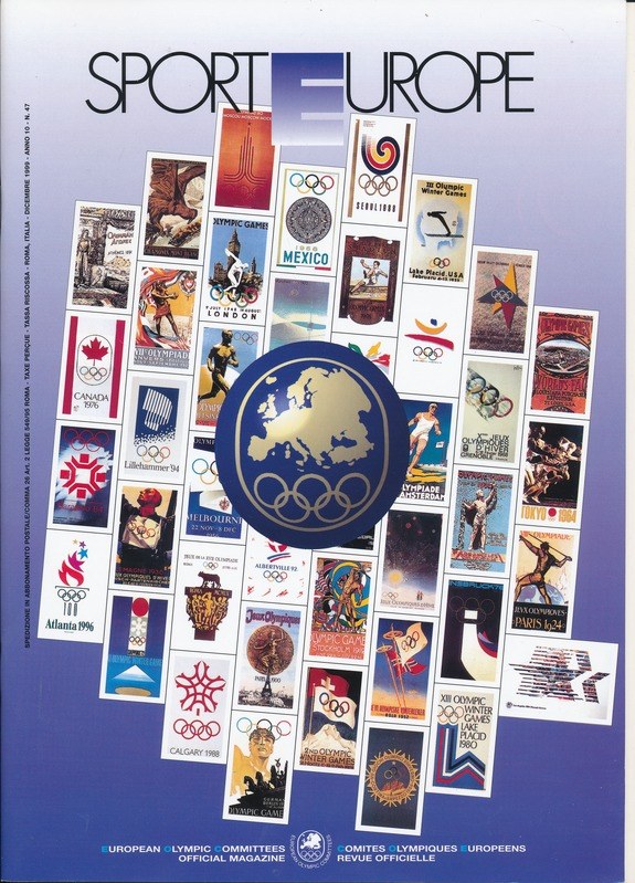 Ein Buchumschlag mit dem Titel "Sport in Europa" in leuchtenden Farben und detaillierten Designs, der verschiedene olympische Symbole und Designs zeigt.