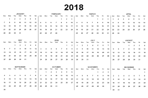 Eine Schwarz-Weiß-Seite aus einem 2018er Kalender, die die Feiertage der USA in fetter schwarzer Schrift auf einem weißen Hintergrund anzeigt, mit den Tagen in wöchentlicher Spaltenanordnung.