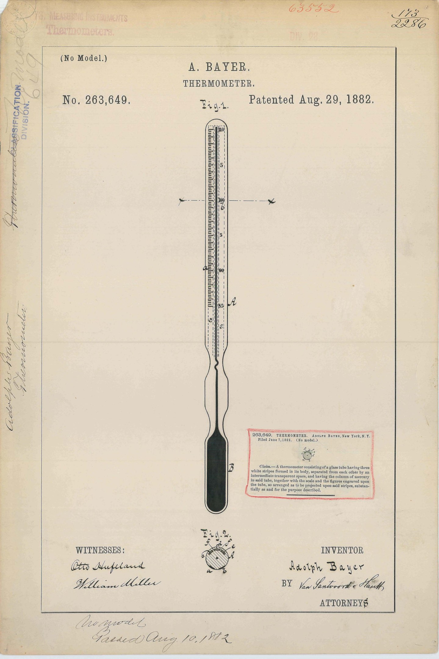 Altes Buch mit einer Zeichnung eines "Bayer Thermometers" beschriftet mit "Patent No. 263,649".