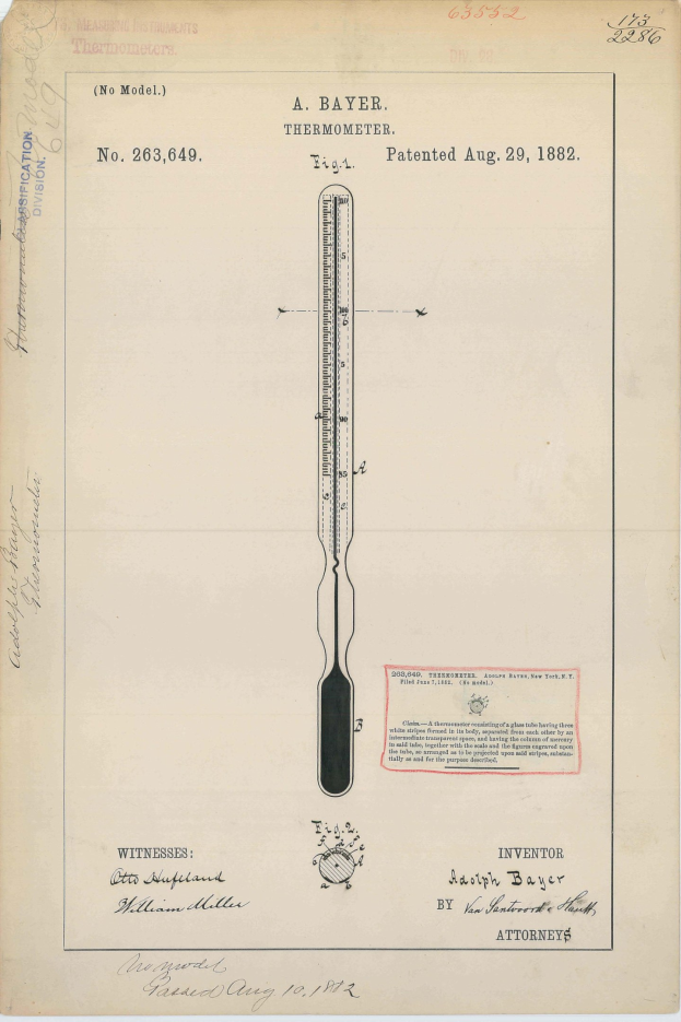 Altes Buch mit einer Zeichnung eines "Bayer Thermometers" beschriftet mit "Patent No. 263,649".
