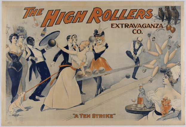Vintage-Plakat aus den 1920er-Jahren für die High Rollers Extravaganza Co., das ein Bowling-Spiel bewirbt, mit dem Text 'Ein Zehner' und Figuren in historischer Kleidung vor einem gedämpften blauen, grünen und gelben Hintergrund.