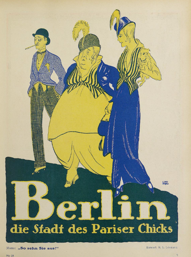 Ein Plakat wirbt für ein Konzert in Berlin, Deutschland, mit einer Gruppe farbenfroher Menschen vor einem Gebäude, darüber steht der Text "Berlin - Die Stadt des Pariser Chicks".