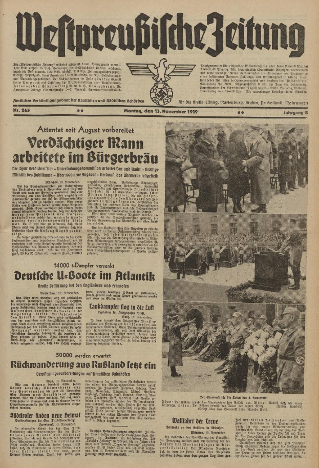 Schwarze-weisse Titelseite einer deutschen Zeitung vom 13. November 1939 mit der Uberschrift 'Weitpreubliche Zeitung' und einem Foto von Menschen in traditioneller deutscher Tracht in einer feierlichen Szenerie.