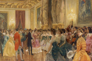 Ein Gemälde namens "Der Ballsaal im Schloss Versailles" von Henri de Toulouse-Lautrec, das eine Gruppe von Menschen beim Tanzen in einem Ballsaal zeigt, einige halten Musikinstrumente, die Wände sind mit Fotorahmen und Vorhängen geschmückt und die Decke ist mit Kronleuchtern verziert.