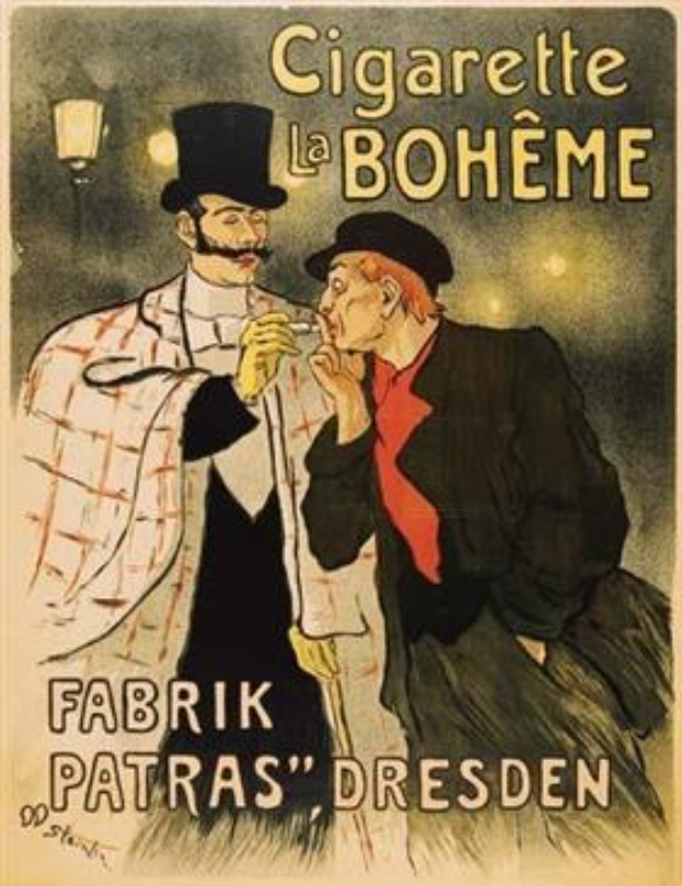Ein Plakat, das "Cigarette La Boheme" von Fabrik Patras Dresden bewirbt, zeigt ein Gemälde von zwei Personen, von denen eine eine Zigarette hält und im Hintergrund ein Laternenpfahl zu sehen ist, sowie Text.