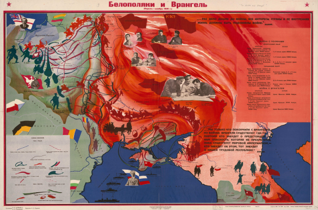 Ein Plakat, das Karten der Sowjetunion und des Russischen Reichs vergleicht, begleitet von Bildern und Texten über den Krieg.